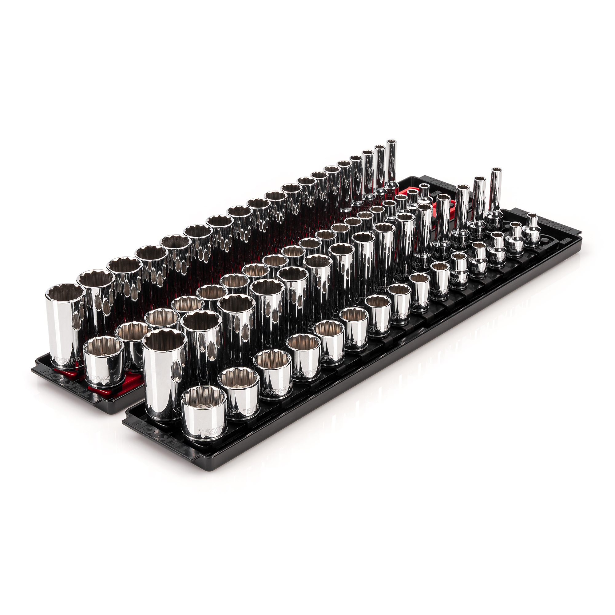 TEKTON 3/8 Inch Drive Shallow and Deep 12-Point Socket Set with Rails and Trays, 68-Piece (1/4 - 1 in., 6 - 24 mm) | SHD91221